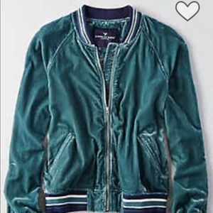 AEO Teal Velvet Athletic bomber Jacket w/pockets